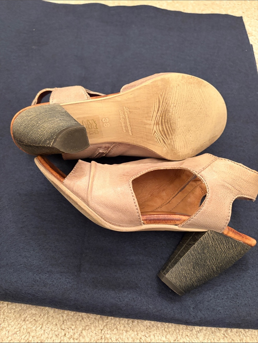 Miz Mooz Blush Tan Peep-Toe Cutout Block Heel Sandals - Picture 4 of 5